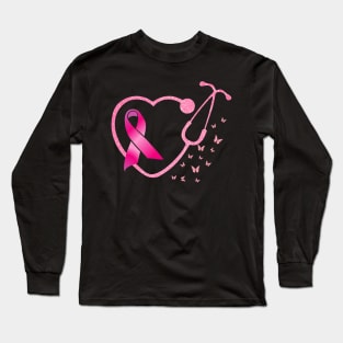 Nurse Breast Cancer Awareness Pink Ribbon Heart Stethoscope Long Sleeve T-Shirt